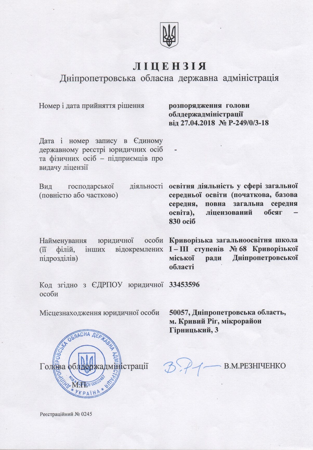 ЛІЦЕНЗІЯ Дніпропетровська обласна державна адміністрація