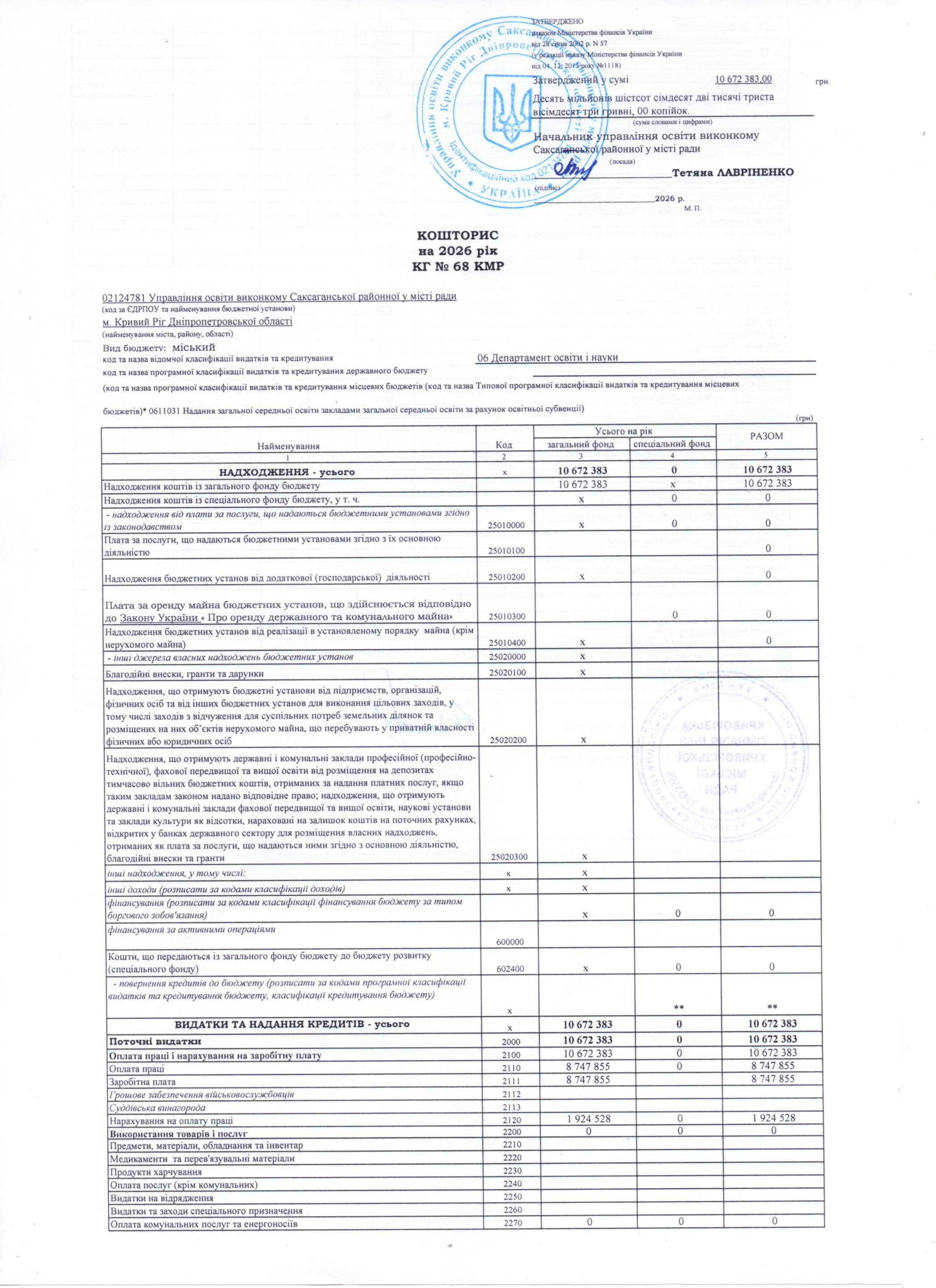 Кошторис на 2026 рік КГ  68 3